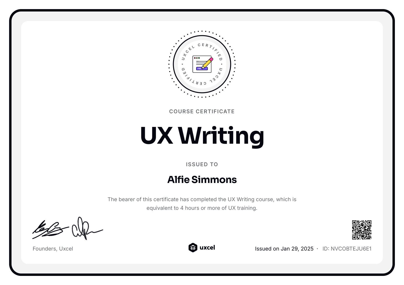 Alfie Simmons's certificate